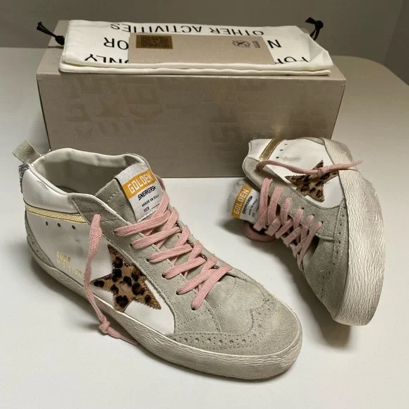 Golden Goose Mid Star Sneaker White Leather/Gold/Leopard Star sz 38 New in Box - Picture 9 of 14